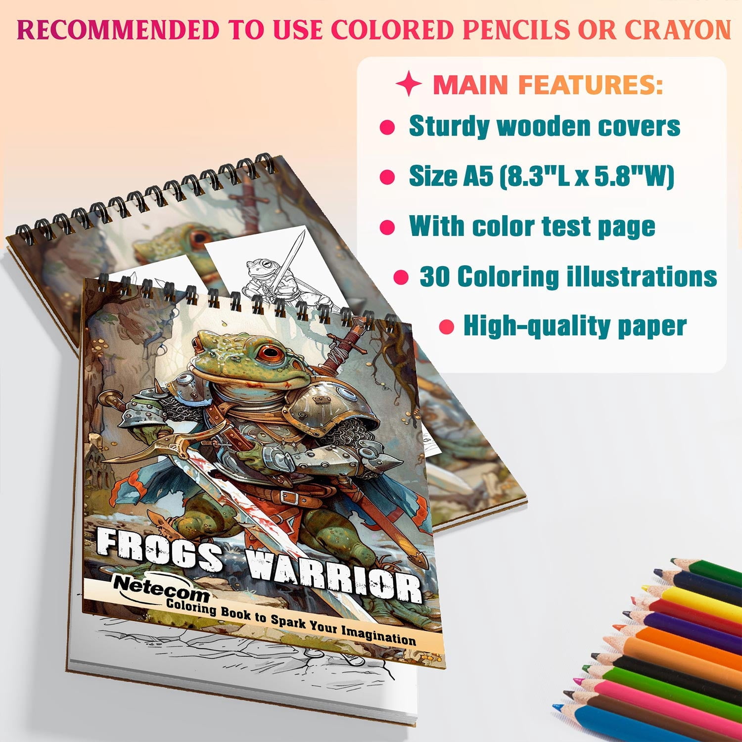 Netecom Frogs Warrior Coloring Book Spiral Bound for Adults, A5 Wooden Cover, Spiral Bound, 30 Amazing Coloring Pages of Frog Warrior Spirit for Stress Relief and Relaxation