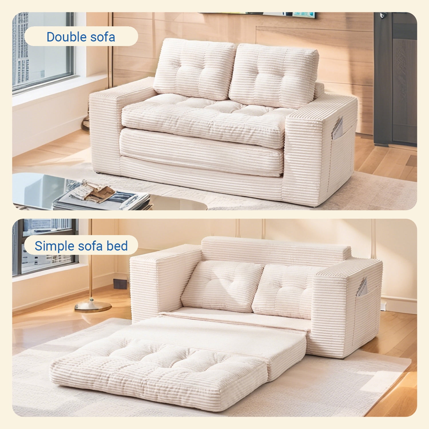 Leumius Futon Sofa Bed,2-in-1 Folding Sofa Bed with Memory Foam & Steel Frame,Corduroy Fabric Boneless Floor Sofa for Small Spaces, Apartments, Home Office & Bedroom,Beige