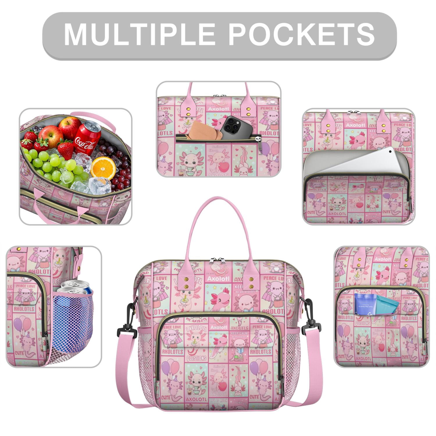 Kawaii Axolotl Insulated Lunch Bag – Cute Cartoon Leakproof Cooler Tote with Fantasy Creature Design, Reusable Lunch Box for School, Work, or Gift Giving