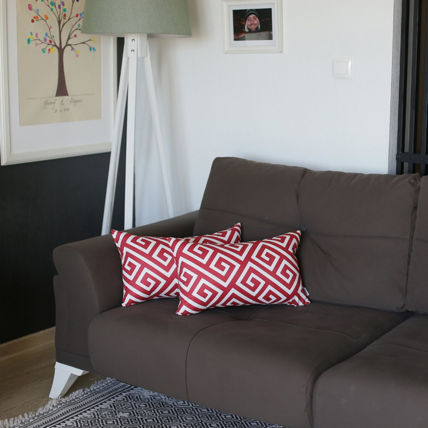 Red and White Greek Key Polyester Lumbar Pillow Cover Set