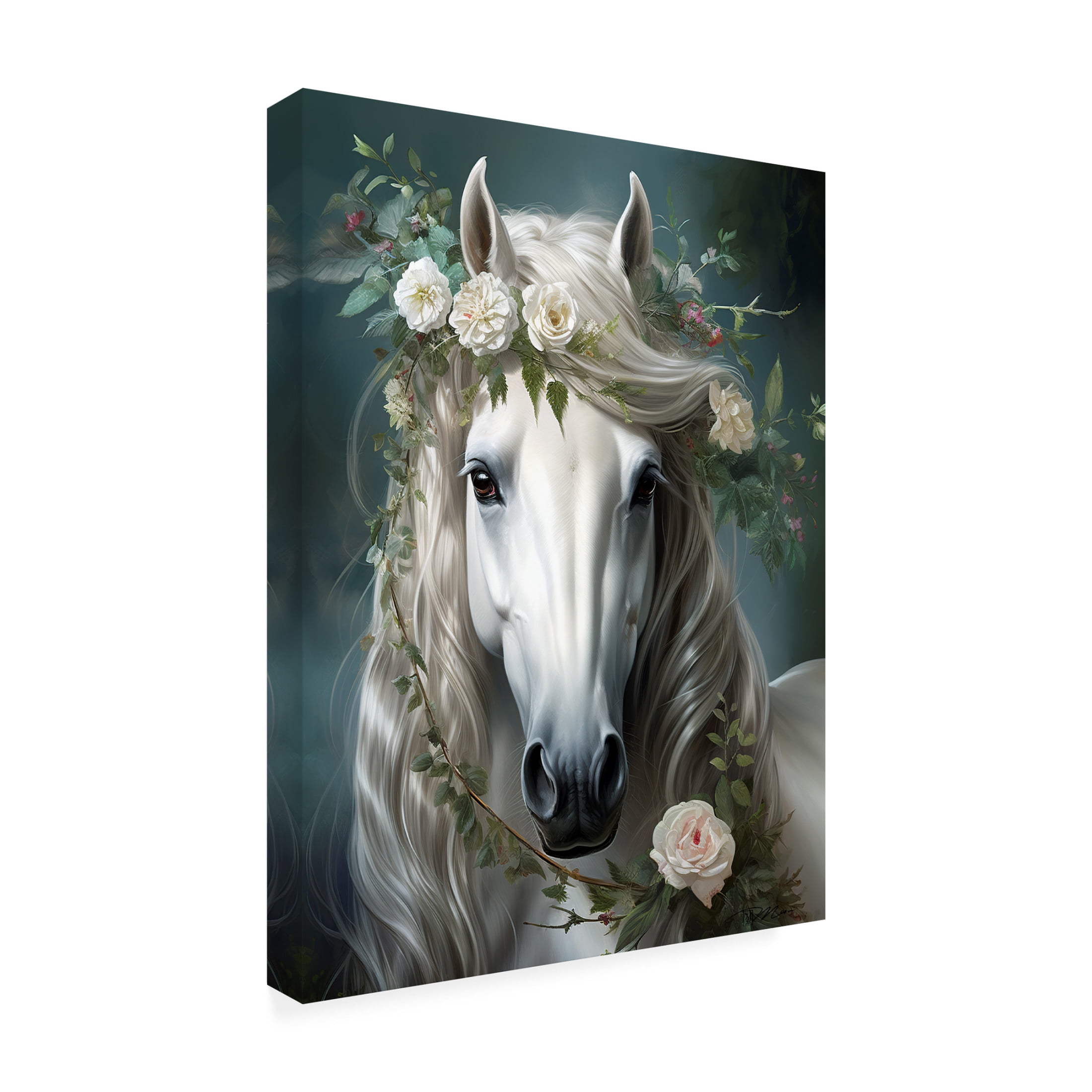 Canvas Wall Art - Momart 'White Horse Crowned By Flowers' Wall Art for Living Room, Bedroom, or Office Décor by Trademark Fine Art - 24 x 32 Inches
