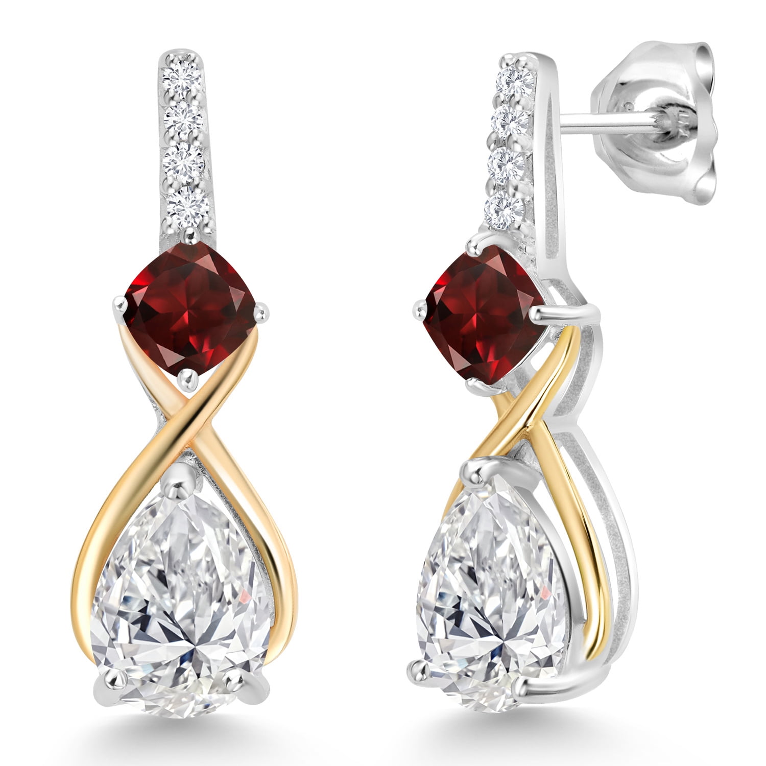 Gem Stone King 925 Sterling Silver & 10K Yellow Gold IGI Certified Lab Grown Diamond & Red Garnet Dangle Earrings for Women | 2.51 Ct | Pear Shaped Diamonds Each 1 Ct | E-F Color | VS1-VS2 Clarity