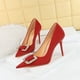 thumbnail image 5 of Zapatos de tacón alto de moda para banquetes con tacones finos, de boca poco profunda, puntiagudos, de satén, con botones de diamantes de imitación de metal para mujeres, 5 of 5