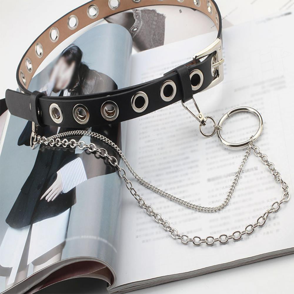Punk Faux Leather Belt Adjustable Laser Metal Chain Hoop Rings Waist  Strap 