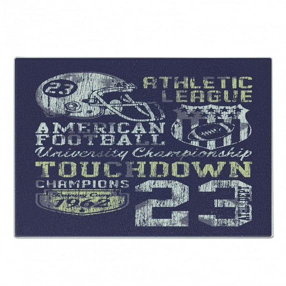 Sports Cutting Board, Retro Style American Football College Theme Illustration Athletic Championship Apparel, Decorative Tempered Glass Cutting and Serving Board, Small Size, Purple, by Ambesonne