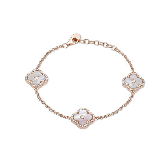 Lavari Jewelers Flora Women's Mother of Pearl Three-Station Flower Bracelet in Rose Gold Plated Sterling Silver with Cubic Zirconia Halo - 7-8 Inch Adjustable Cable Chain