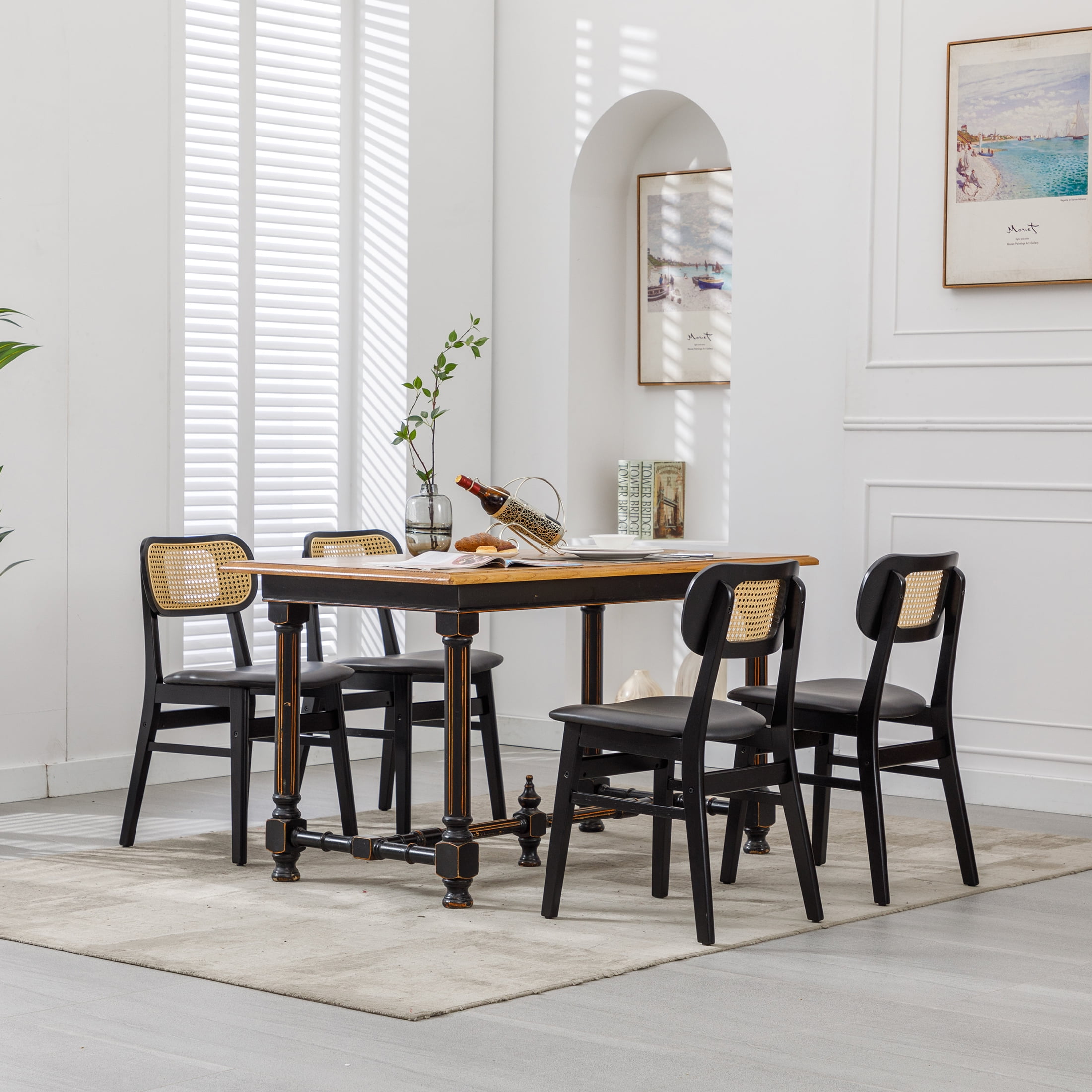 Guyou Rattan Dining Chairs Set of 6, Farmhouse Black Wooden Dining Side Chairs, Mid Century Modern Faux Leather Upholstered Kitchen Chairs with Cane Back for Dining Room Kitchen Living Room, Black
