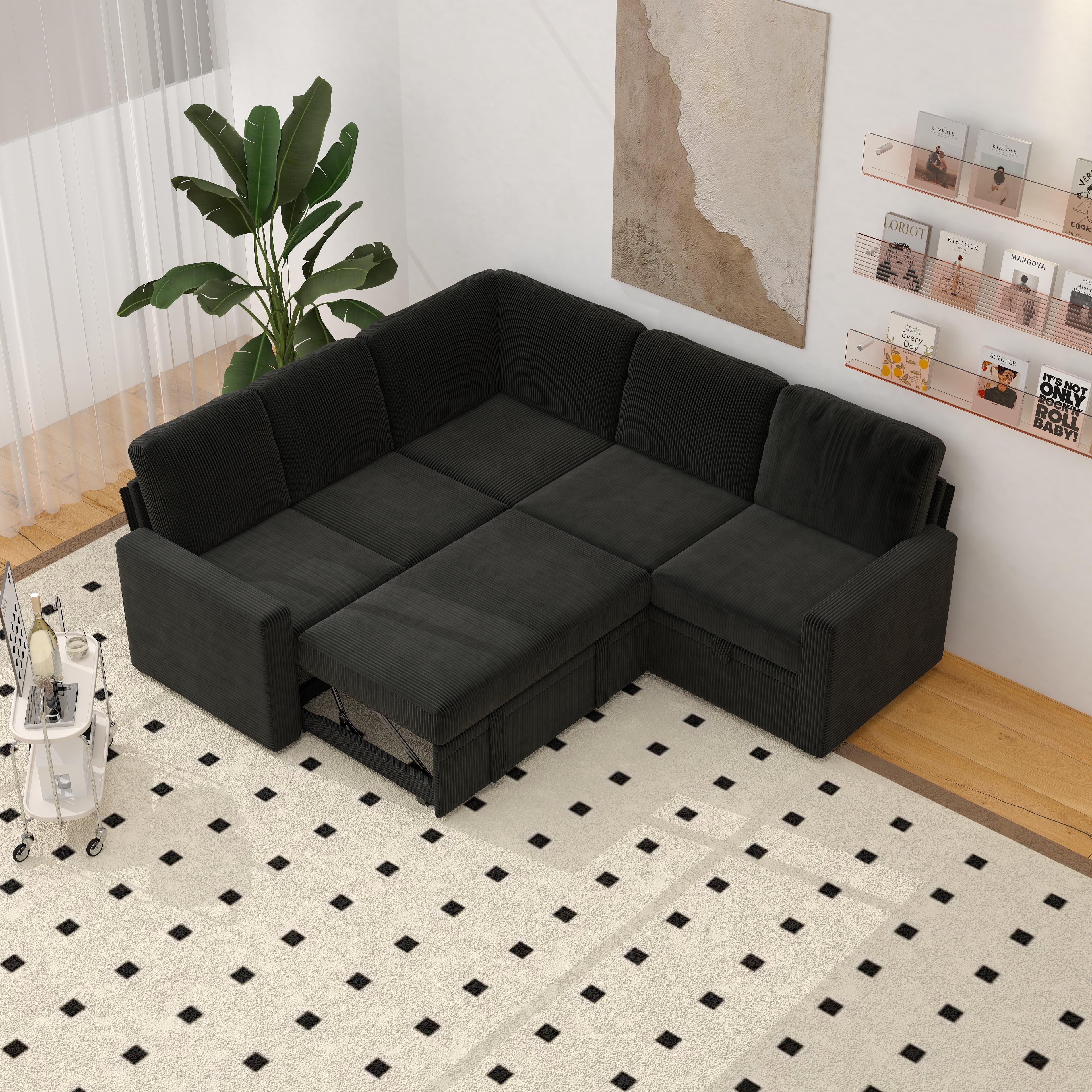 BSHTI Modern L-Shaped Pull-Out Sectional Sleeper Sofa Bed with Storage for Living Room, Black