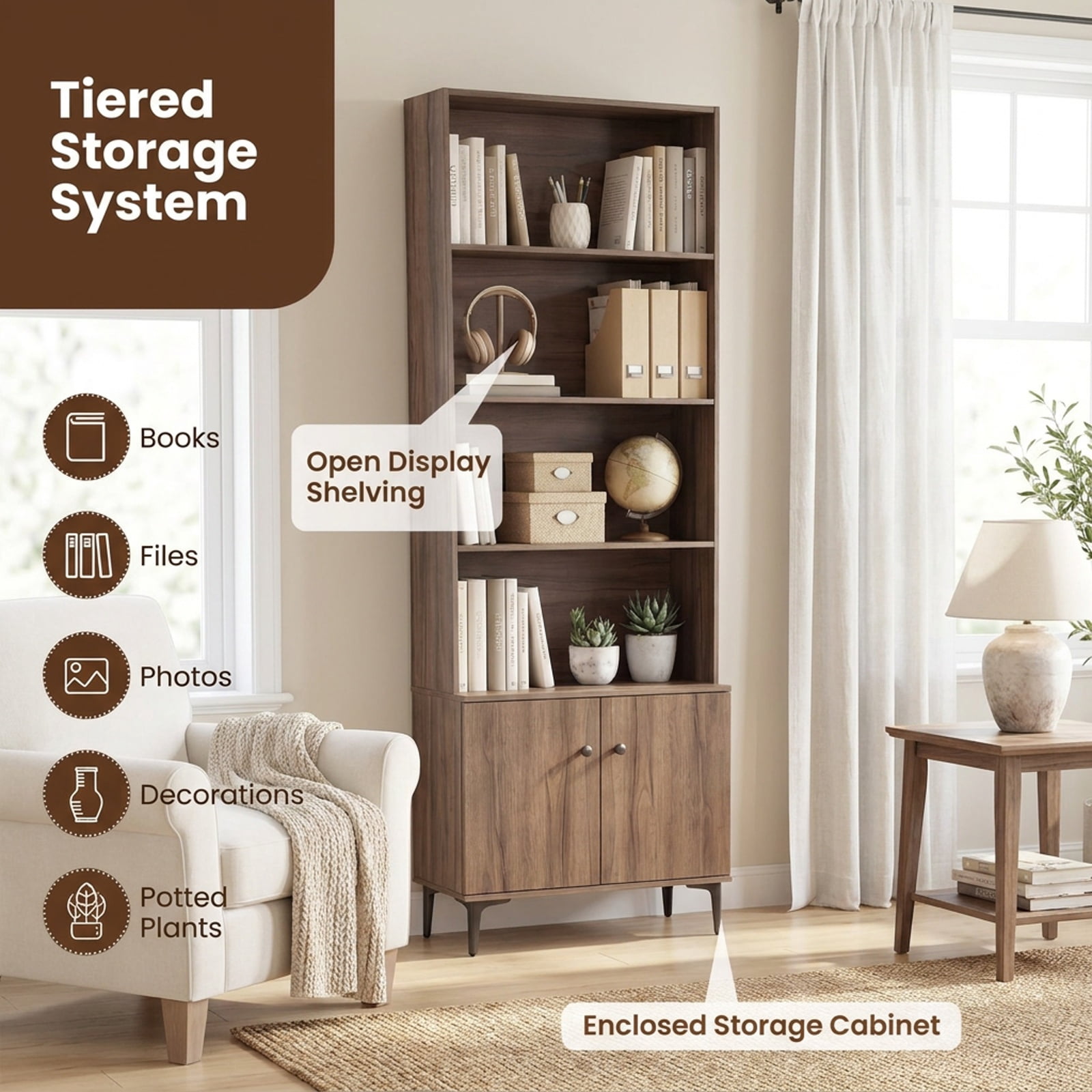 Furnibear Giantex Bookshelf with Doors and 2 Anti-Tipping Kits for Home Office for Living Room Home Office Bedroom Display Storage Shelf, Walnut