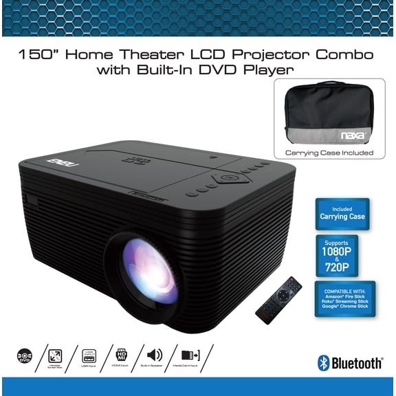 Naxa Electronics NVP-2502C 150-inch Home Theater LCD Projector Combo with Built-in DVD Player, Remote, and Case, Gaming Consoles, Bluetooth, HDMI x 2, USB 2.0, MicroSD Support, VGA, Black (NVP-2502C)
