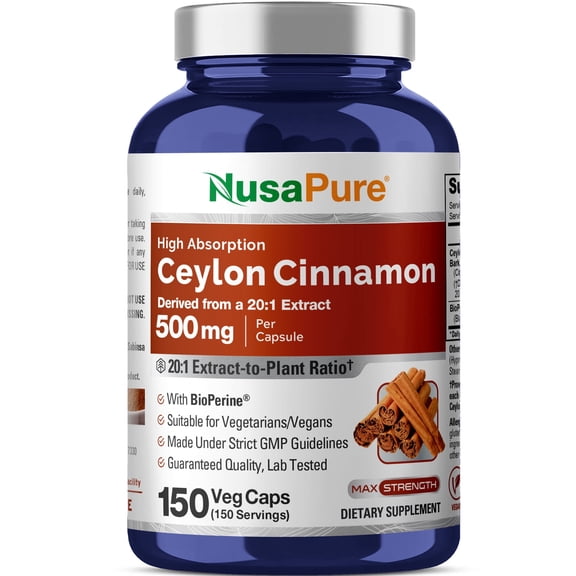 NusaPure Ceylon Cinnamon, 500 mg , 150 Veg Capsules (Non-GMO, Vegan)