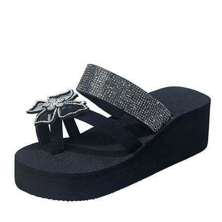CHOII 50% off Clearance Women Girls Pearl Flat Bohemian Style Casual Sandals Beach Shoes Wedges Slippers Cushionaire Sandals Summer Sandals for Women 2024 Black/6.5
