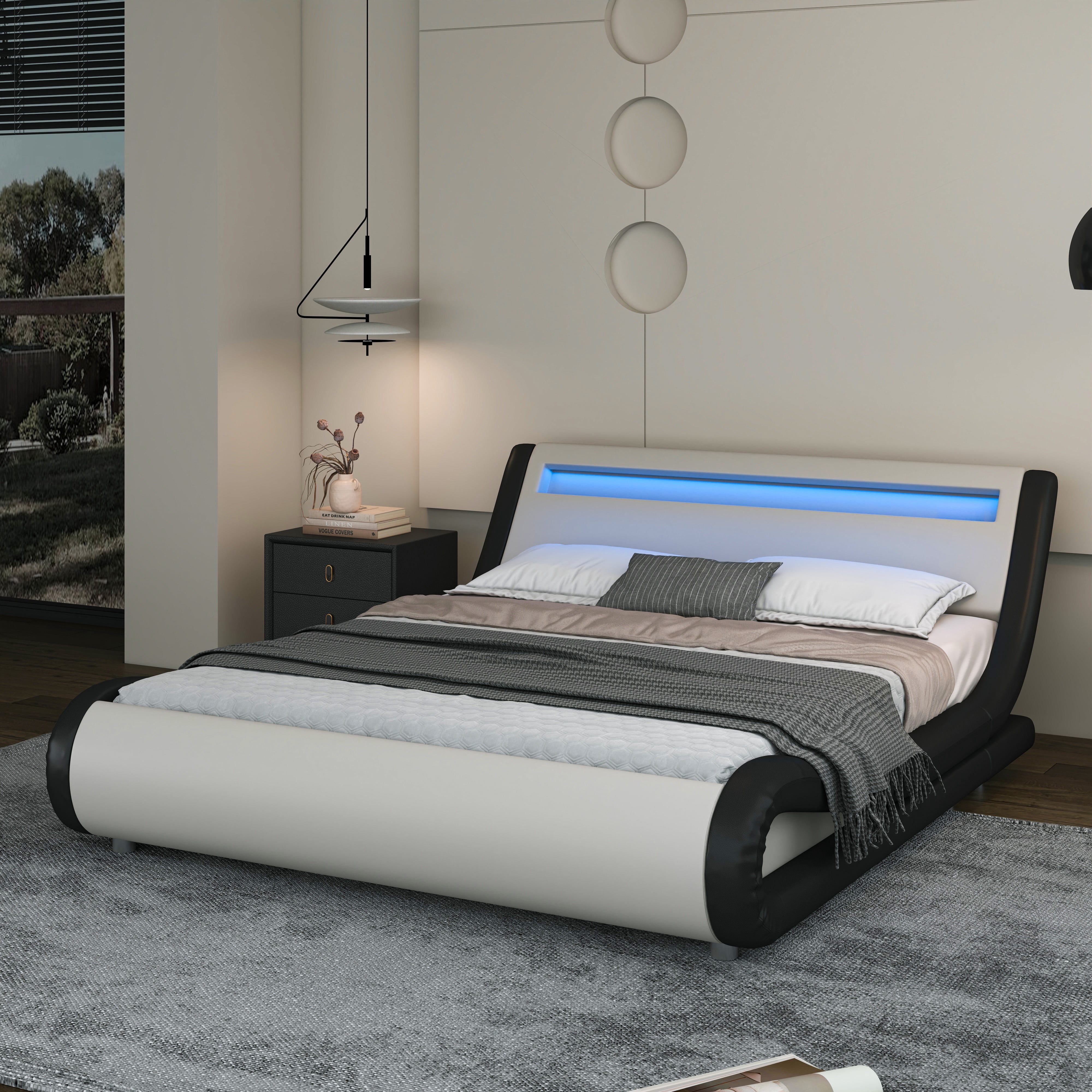 Sha Cerlin Full Size Wave-Like Curve PU Leather Platform Bed Frame with Adjustable Headboard and LED Lights, White+Black