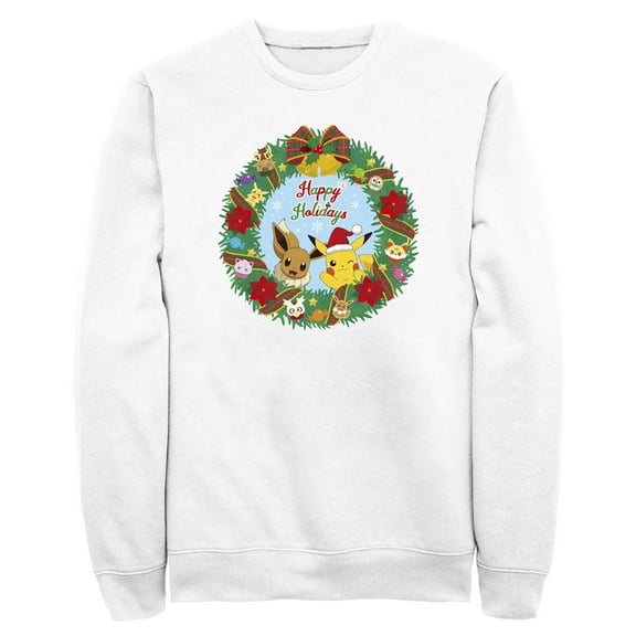 Men's Pokemon Pikachu and Eevee Happy Holidays  Sweatshirt White 2X Large