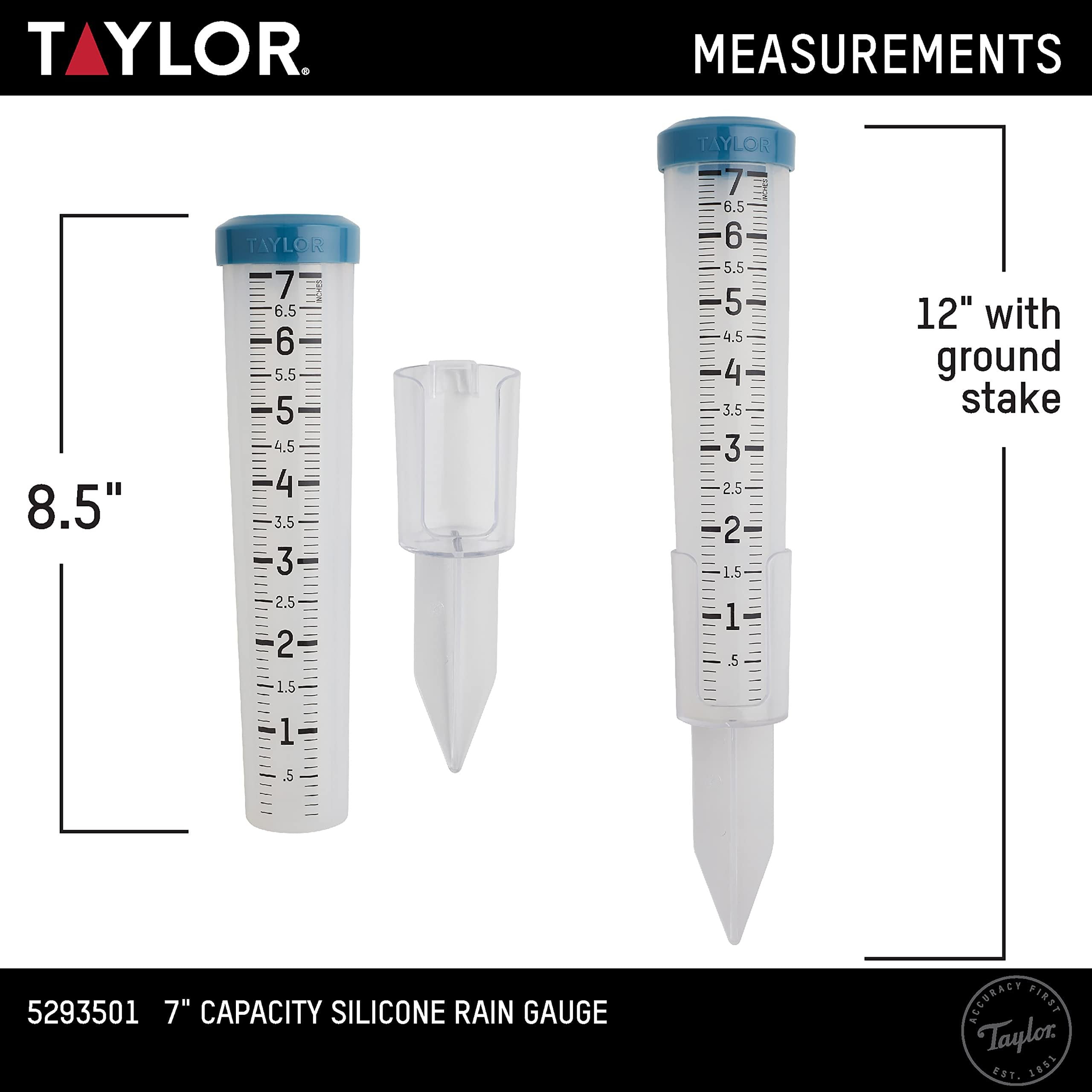 Taylor 7 inch Capacity Easy to Read Break and Freeze Proof Flexible Silicone Rain Gauge, Post Mount or Ground Stake, Teal