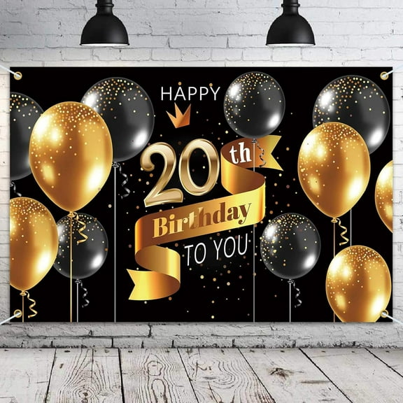 Happy 20th Birthday Backdrop Banner - 20 Birthday Party Decorations Supplies for Men - Black Gold