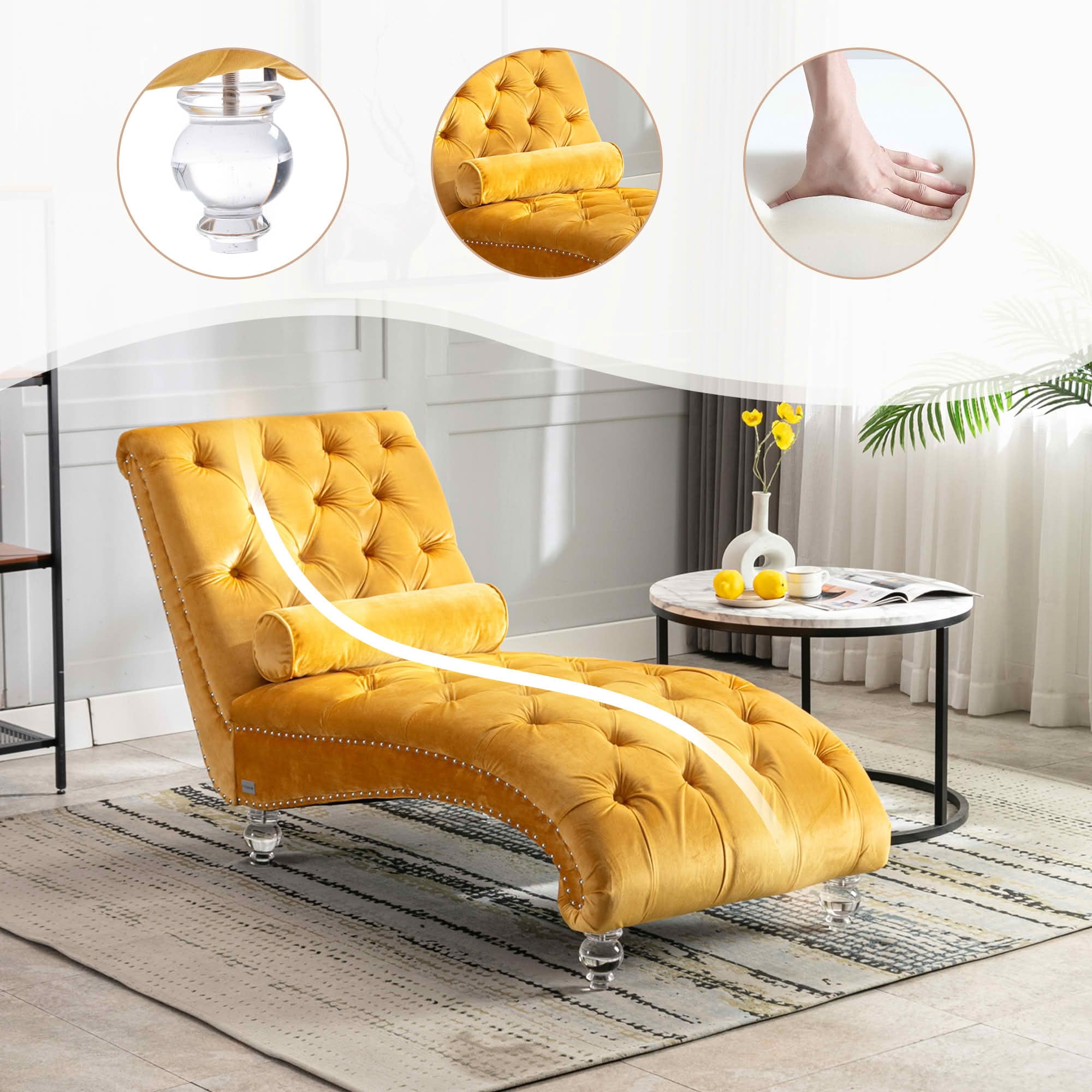 MAYEERTY Velvet Button Tufted Chaise Lounge with Pillow, Ergonomic S-Shape Indoor Lounge Chair with Wood Frame Acrylic Legs for Bedroom Living Room Office