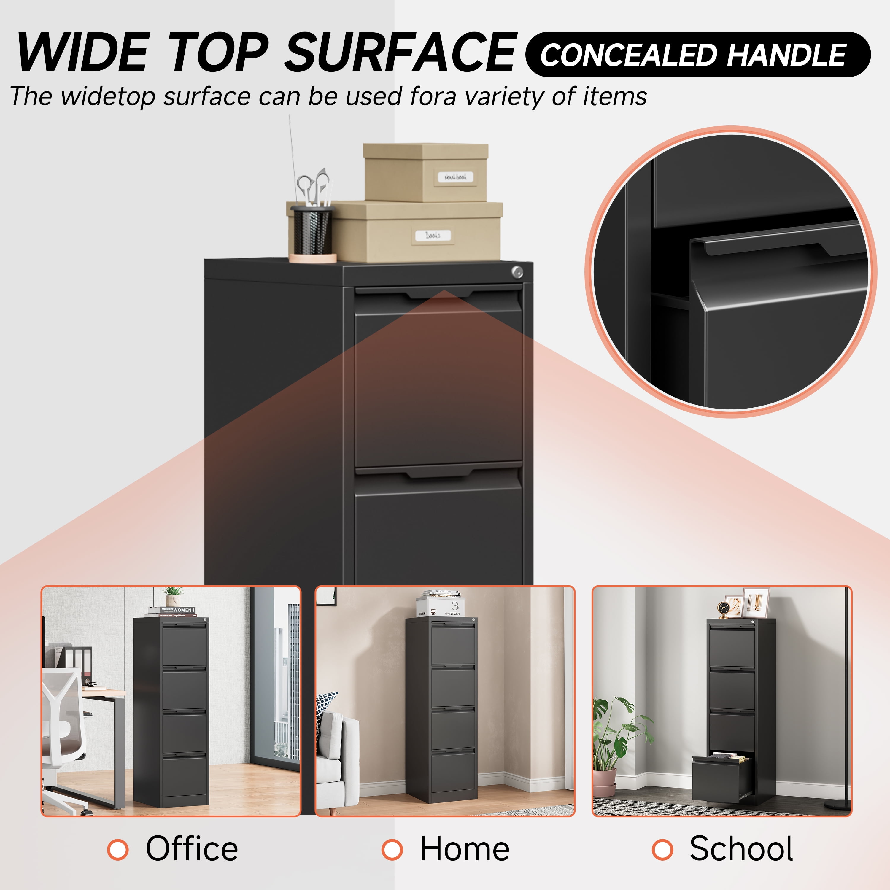 Kooyon 4 Drawer File Cabinet with Lock, 17.8" Deep Metal Filing Cabinet for Home Office, Black, Fits Letter/A4/Legal Folders, Easy Assembly-Black