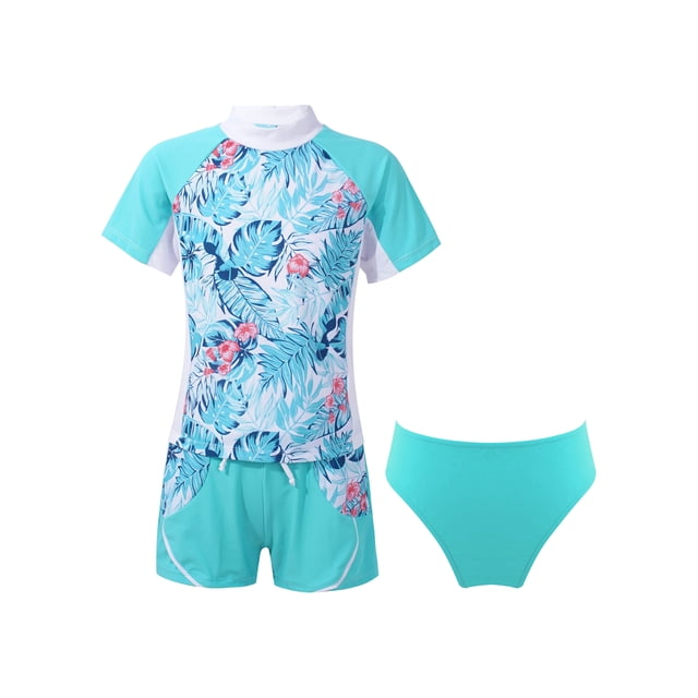 MSemis Ensemble de Maillot de Bain Imprimé pour Filles, Manches Courtes, Protection Solaire, Vert Clair 12