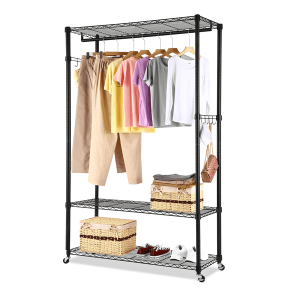 Legooin 75"H Heavy-Duty Rack for Clothing Storage Metal Steel Garment Rack with Shelves on Wheels Laundry Shelving Unit with Hanging Rod, Black