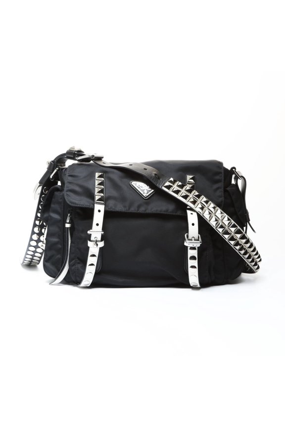 Pre-Owned Prada Studded Nylon Triangle Logo Shoulder Bag, Black, WS26653