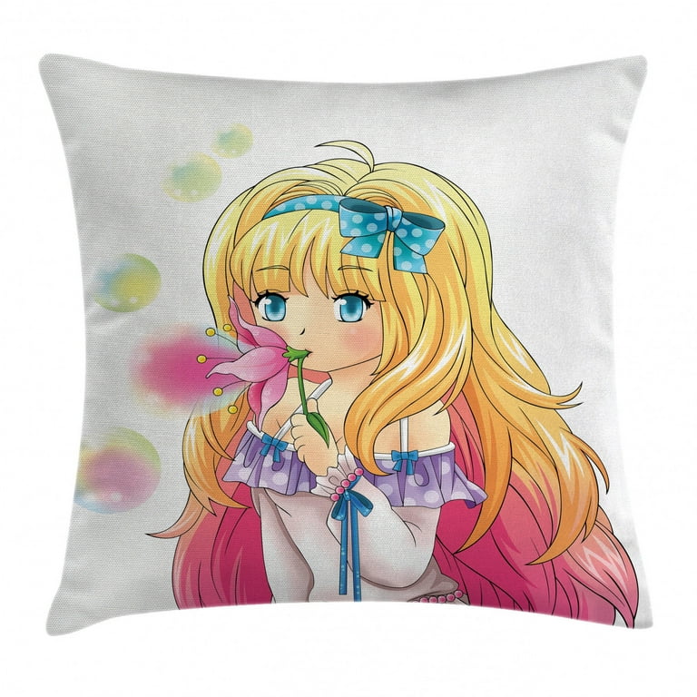 Anime Throw Pillow Cushion Cover, Cute Manga Girl Blowing Bubbles