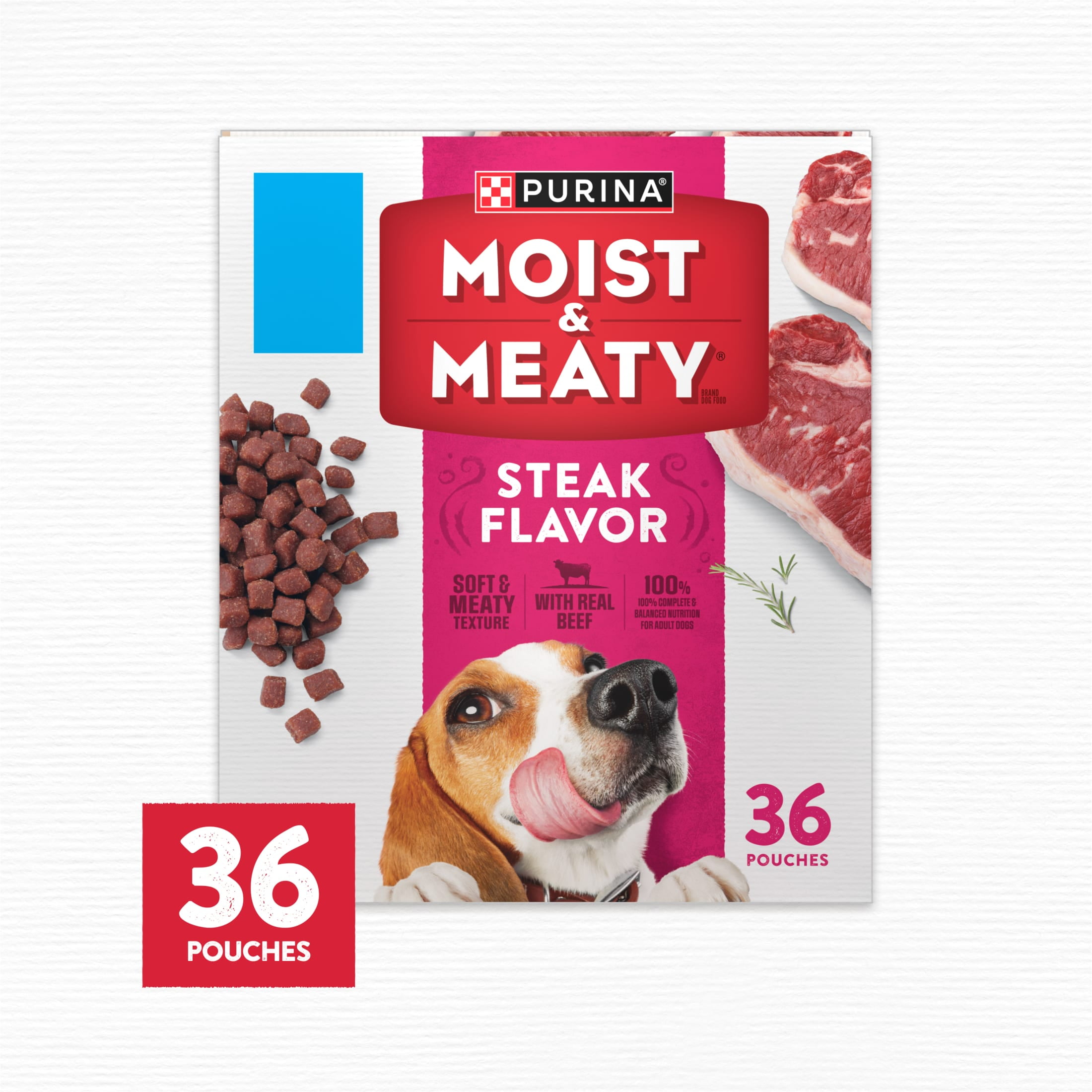 Purina Moist & Meaty Dry Dog Food, High Protein Steak Flavor with Real Beef, 6 oz Pouches (36 Pack)