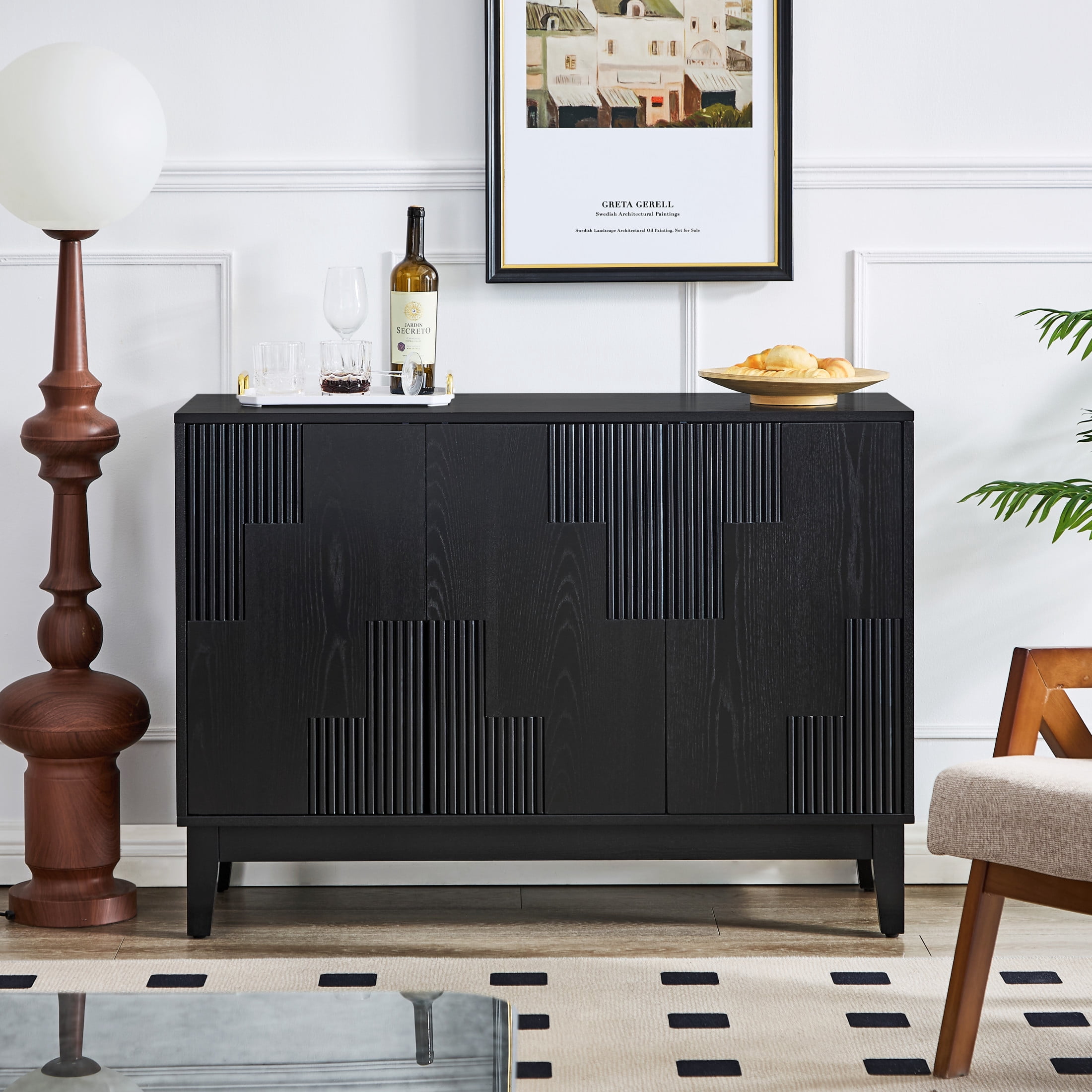 GDF Studio 44.3" Mid Century Modern Sideboard Buffet Cabinet with Storage, 3 Doors, Adjustable Shelves, Black