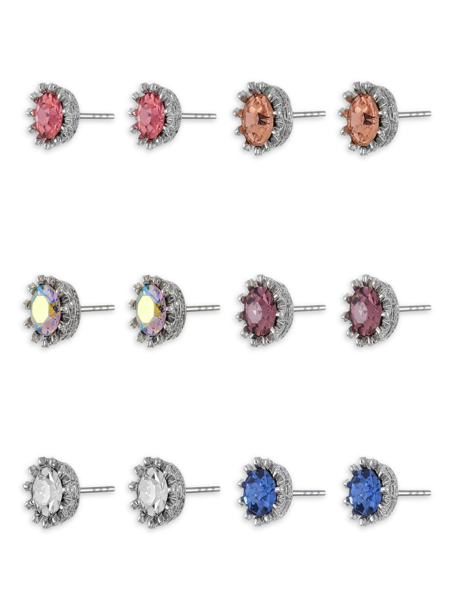 Women's Multicolored Stud Earring Collection, 6 Pairs
