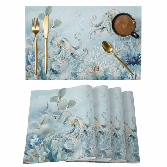 Coastal Octopus Placemats Set of 8 Farmhouse Eucalyptus Leaf Marine Lifes Place Mats Indoor Wipeable Table Mats Washable Cloth Dining Table Placemats for Kitchen Holiday Party Home Decor 13x19 Inch