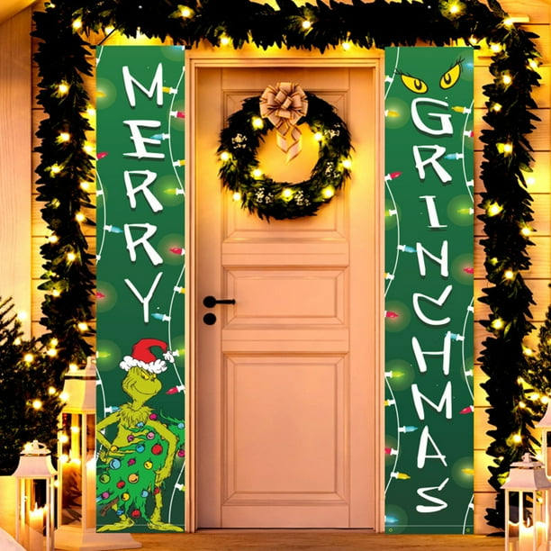 2 pancartas navideñas para puerta de El Grinch, 71 x 12 pulgadas, divertidas pancartas navideñas para colgar en el porche, pancartas navideñas para puerta, pancartas y letreros navideños para el hogar