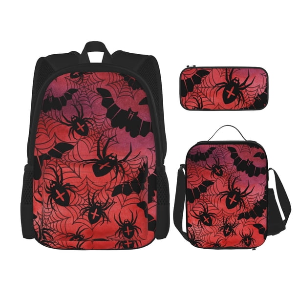 Disketp Bats And Spiders Mochila Estampada de Gran Capacidad con Lonchera y Estuche, Set de 3 Piezas para Estudiantes
