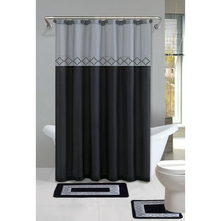 15pc  BLACK KADIR Bathroom Set Printed Banded Rubber Backing Rug Bath Mats With Fabric Shower Curtain & Hooks New Designs