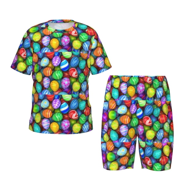Balery Colorful Easter Eggs1 Conjunto de Pijama Infantil de Manga Corta con Estampado – Ropa de Dormir de Algodón Suave-X-Large