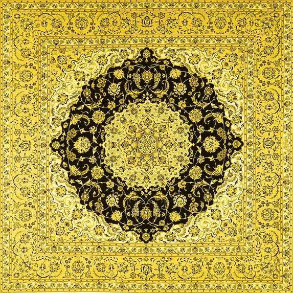 Ahgly Company Machine Washable Indoor Square Medallion Yellow Traditional Area Rugs, 8' Square