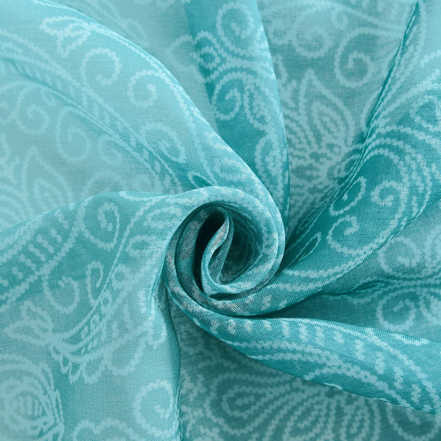 JIUZHEN Damask Ombre Semi Sheer Curtains for Living Room - Faux Linen Gradient Grommet Voile Curtains for Boys Kids Room Bedroom, 2 Window Curtain Panels, 52 x 63 inch Length, Turquoise