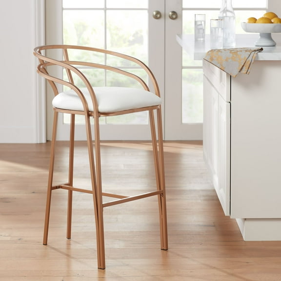 55 Downing Street Tanner Gold Metal Bar Stool 30" High Modern White Upholstered Fabric Cushion with Low Backrest Footrest for Kitchen Counter Height