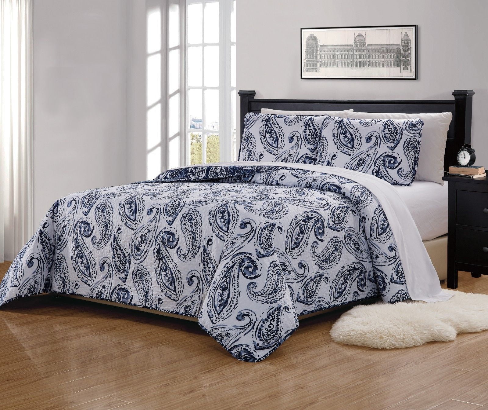 Fancy Collection 3 Pc Full/Queen Quilted Bedspread Floral Print Paisley Flower Navy Blue White Reversible Over Size New