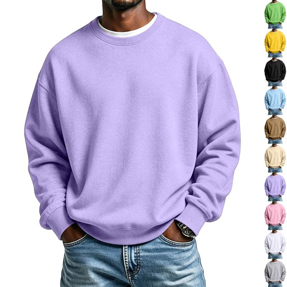 GrmtClth Sweatshirts for Men Plain Crew Neck Long Sleeve Warm Pullover Shirts Ribbed Trim Lightweight Casual Outdoor Fall Winter Tops Light Purple S