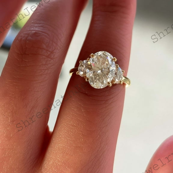 SHREENATHJEWELRY 2CT Oval Moissanite Engagement Ring Oval Cut Three Stone Ring With Half Moon Side Stone Wedding Anniversary Ring Gift For Her