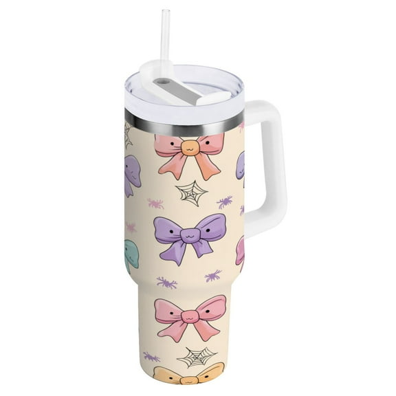 Stainless Steel Tumbler with Straw and Handle, Double Wall Insulated Tumblers, Colorful Bow Pattern