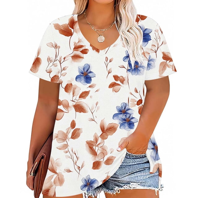 Hauts Grande Taille pour Femmes Tenues d'Été Col en V Manches Courtes Imprimé Floral Chemisier Fluide