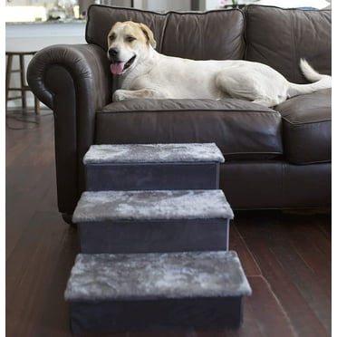 Catry 3-Step Pet Stairs with 3 Storages for Toys, Foldable and Stable, for Small Pet, Gray Soft Plush