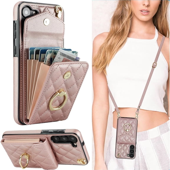 KOMI for Samsung Galaxy S23 Plus / S23  Crossbody Wallet Case, PU Leather with Card Holder Kickstand Lanyard Cover for Women Case for Samsung Galaxy S23 Plus.Lanyard Rose Gold
