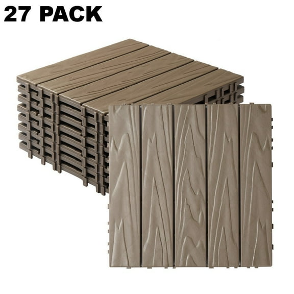 IVV 12"x12" Plastic Interlocking Deck Tiles, 27 Pack Outdoor Patio Flooring, Outdoor All Weather Use, Waterproof Patio Pavers for Pool Balcony Backyard Porch, Light Coffee