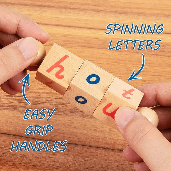 Wooden Letter Blocks, Educational Toys for Toddlers, Manipulative Alphabet Blocks, Spinning Words Spelling Reading Stems, Learning Materials & Games for Pre-Kindergarten