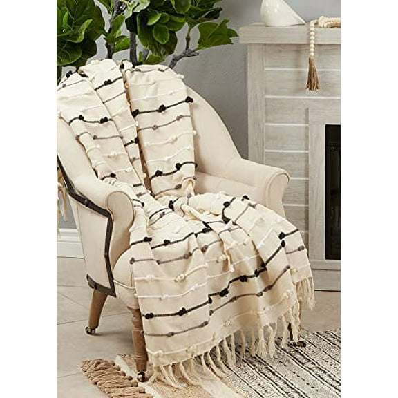 Fennco Styles Handmade Knotted Cotton Throw Blanket with Tassel 50" W x 60" L – Black & White Woven Blanket for Couch, Bedroom and Living Room Décor