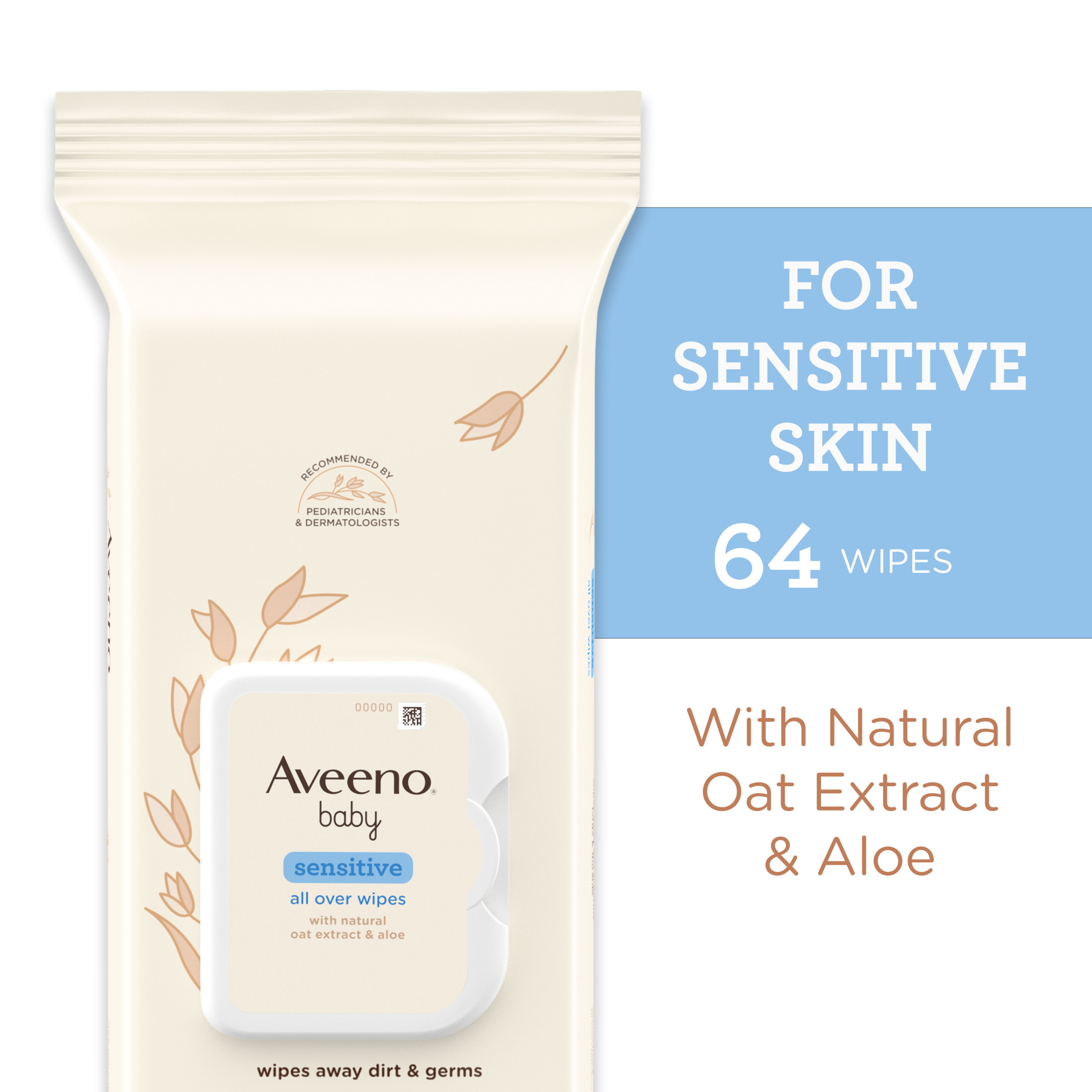 Aveeno Baby All Over Baby Wipes For Sensitive Skin with Oat and Aloe, Alcohol Free & Unscented, 64 Ct