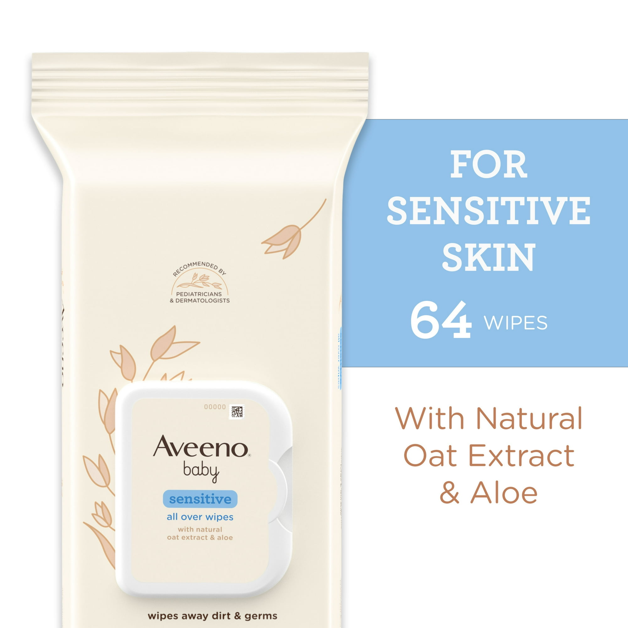 Aveeno Baby All Over Baby Wipes For Sensitive Skin with Oat and Aloe, Alcohol Free & Unscented, 64 Ct
