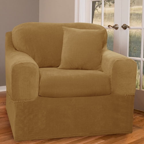 Maytex Narrow Stripe Patterned 2-Piece Chair Stretch Slipcover, Gold